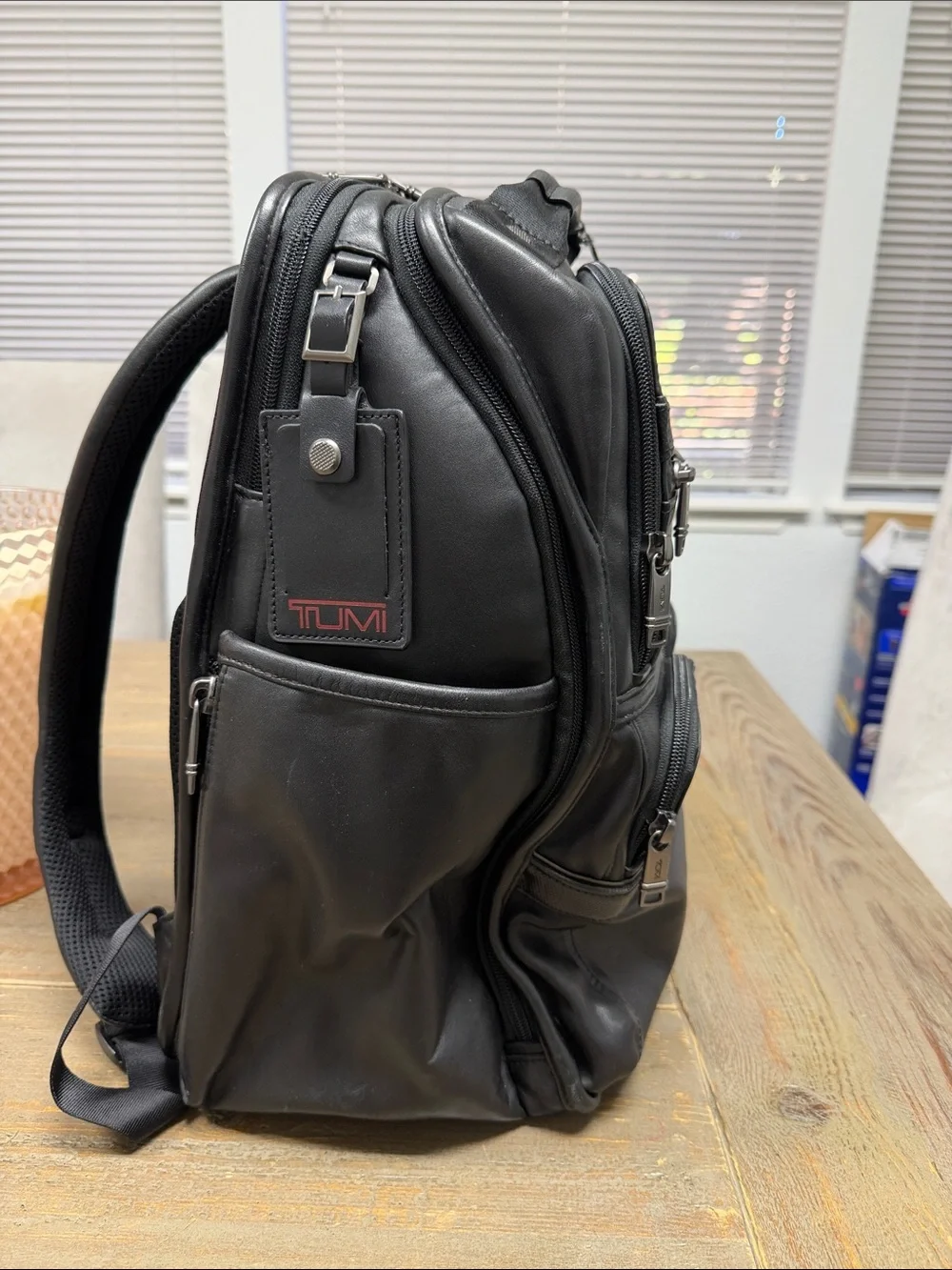 Tumi Black Leather Business Backpack with Front Organizer Pockets